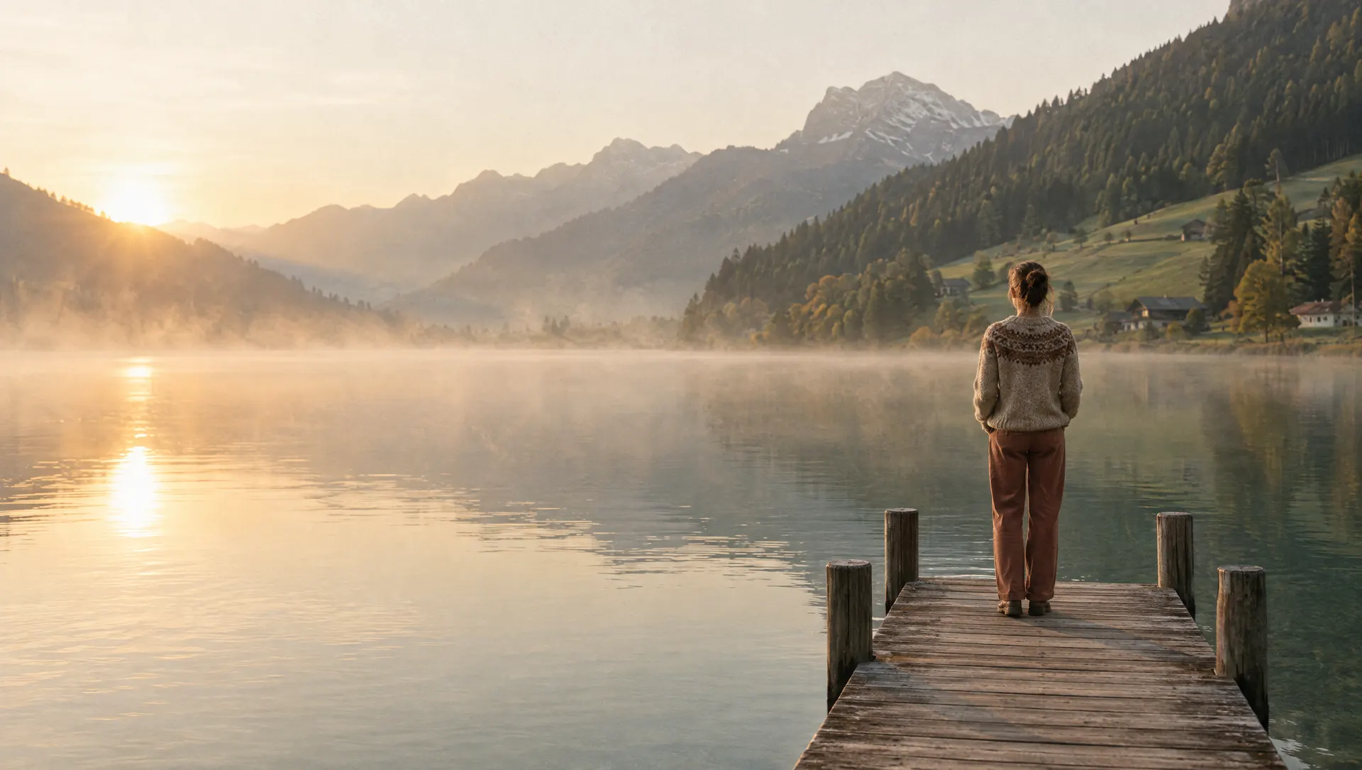 Person auf einem Holzsteg am See bei Sonnenaufgang