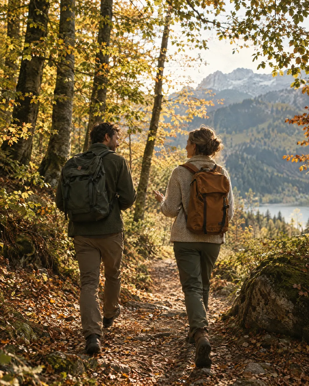 Zwei Personen beim Spaziergang auf einem herbstlichen Waldweg